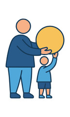 Obraz premium Minimalist icon of an adult and child holding a large savings coin together on a white background representing a family financial savings concept