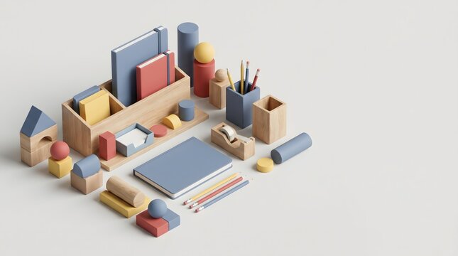 A high-quality 3D isometric render of a minimalist wooden desk organizer featuring blue and red notebooks, pencils, and geometric office accessories on a clean grey background.