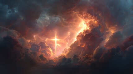 Naklejka premium Ethereal Cloudy Sky with Radiant Light and Celestial Cross Illuminating the Distance at Dusk or Dawn