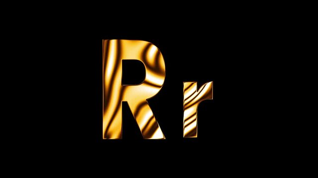 Capital letter R with small r text design with golden glass shine curve lines animation