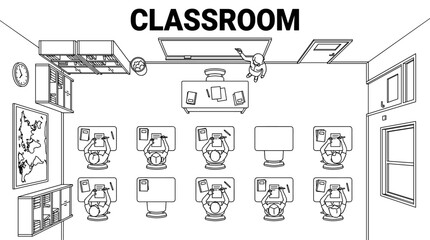 Naklejka premium Top view line illustration of school classroom scene with teacher, students at desks and education layout in clean minimal architectural outline style with transparent background
