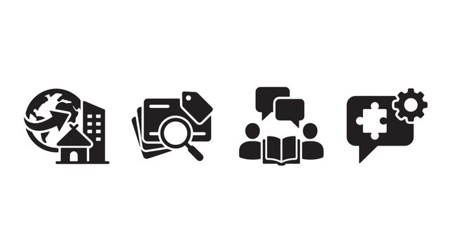 Business and Marketing Icon Set Featuring Global Real Estate Expansion, Product Catalog Search, Team Knowledge Sharing, and Creative Problem Solving Puzzle with Automation Gear