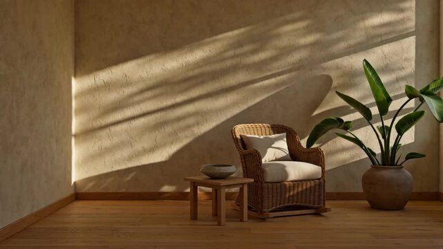 Inviting Interior Setting with Sunlight and Rattan Chair: Empty Room with Minimalist Decor and Green