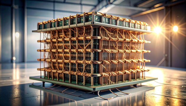 Close-up of vintage magnetic core memory grid with ferrite rings and wires