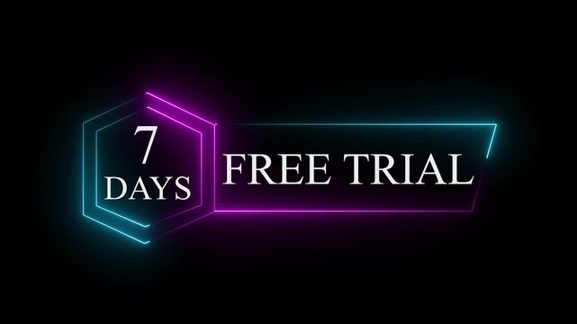 Neon glowing  7 Days Free Trial Banner text icon  on black background. 7 days free trial label icon badge. Business products 7 days free trial offer video.