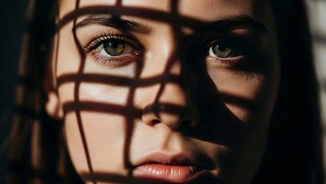 Woman face behind metal grid closeup.