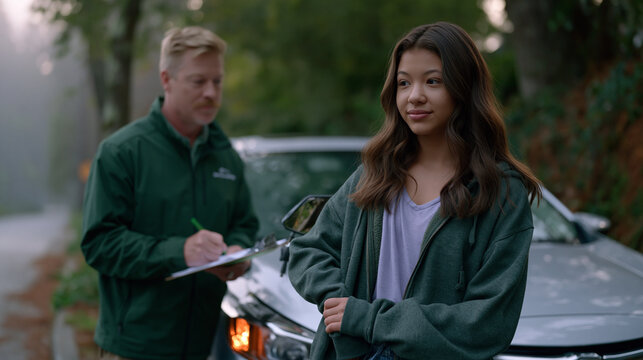 A teenage girl adjusts mirrors on a parallel parking attempt along a tree-lined curb, instructor marking a clipboard beside her, early morning mist hanging low over quiet neighborhood streets, ideal