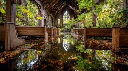 Fototapeta premium Serene Abandoned Church Surrounded by Lush Nature and Reflections in Water Under a Stunning Canopy of Greenery
