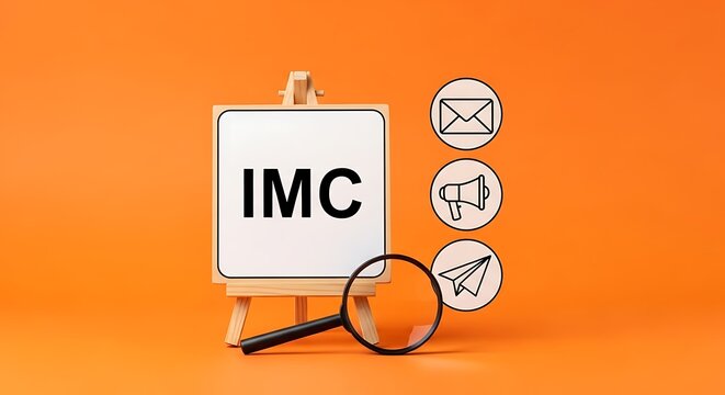 IMC Integrated Marketing Communications acronym on wooden easel, marketing strategy concept with communication icons on orange background