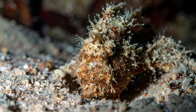 Close-up macro portrait of a hairy frogfish camouflaged on reef rubble
