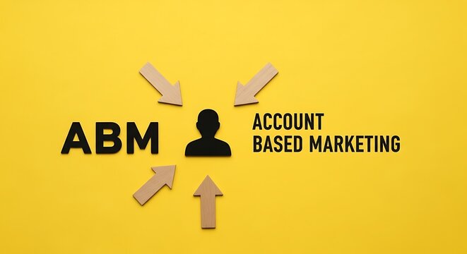ABM Account Based Marketing concept on yellow background, targeted B2B sales strategy with arrows pointing to customer icon, business growth visualization