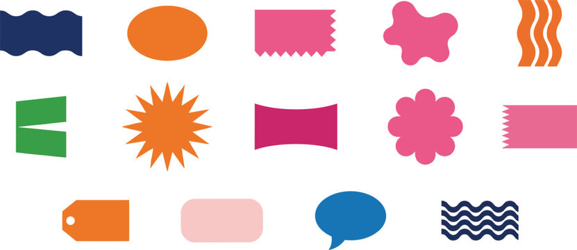 Colorful geometric shape illustration collection featuring wavy rectangles, ovals, zigzags, flowers, starbursts, speech bubbles, and abstract design elements