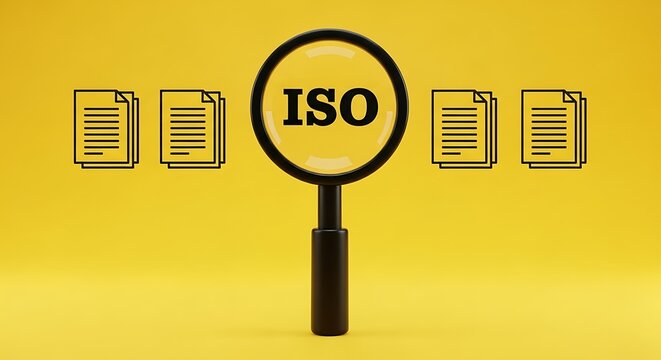 ISO standards certification concept, magnifying glass focusing on ISO text, document audit and quality management system on yellow background
