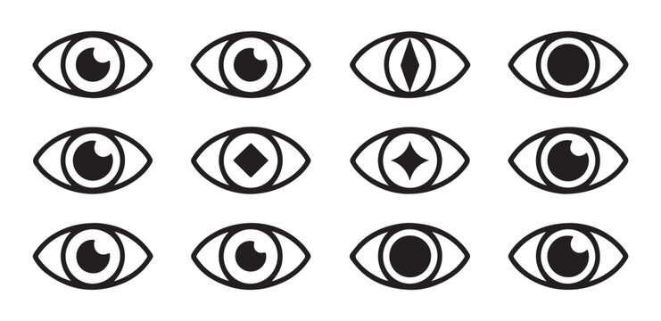 Minimalist eye icons featuring geometric pupil shapes like diamond and square on transparent background.
