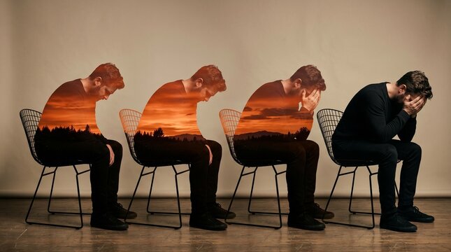 Conceptual Double Exposure of a Depressed Man Sitting on a Chair - Mental Health, Burnout, Anxiety, and Emotional Stress Theme