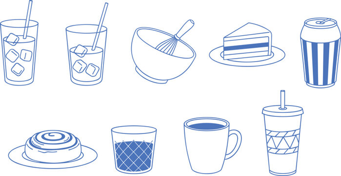 Food and drink illustration collection featuring cakes, coffee, soda, cups, desserts, whisk bowl, cinnamon roll, and minimalist design