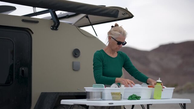 Woman cleans dishes at a campsite by the beach in Baja California, Mexico after enjoying a day of travel and outdoor activities.