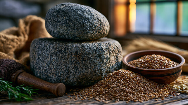 Ancient stone quern and handheld milling tools arranged beside piles of einkorn and khorasan wheat berries in golden hour light streaming through a barn window, perfect for heritage grain, ancient m