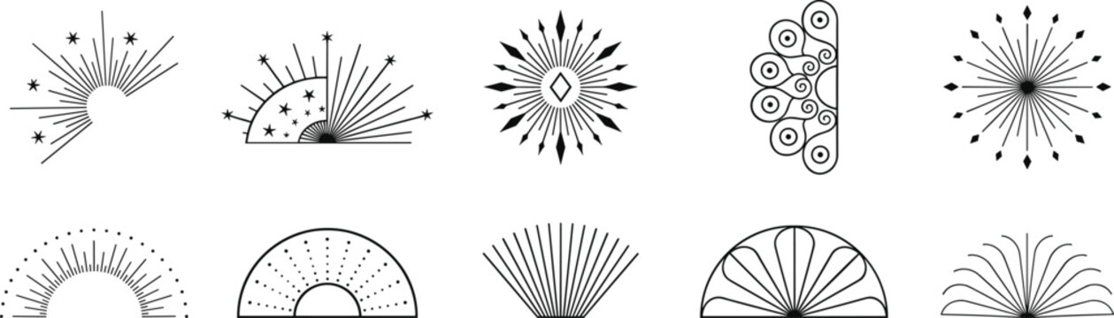 Geometric abstract motif illustration collection featuring suns, stars, rays, shells, semicircles, radiating lines, and minimalist decorative elements