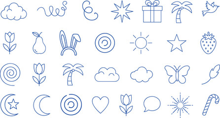 Obraz premium Minimalist blue icon illustration collection featuring cloud, starburst, gift, palm tree, bird, moon, heart, candy cane, and decorative symbols