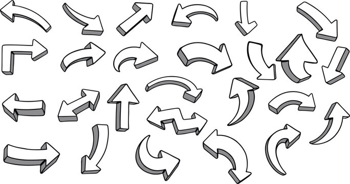 3D arrow illustration collection featuring curved, straight, bent directional symbols, dimensional outlines, and motion design elements