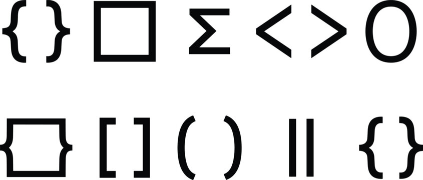 Mathematical symbol illustration collection featuring brackets, summation, square, circle, parallel lines, and logical notation design elements