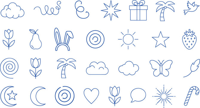 Minimalist blue icon illustration collection featuring cloud, starburst, gift, palm tree, bird, moon, heart, candy cane, and decorative symbols