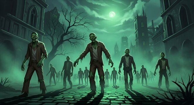 Undead Horde Marching Through Haunted City Streets at Night
