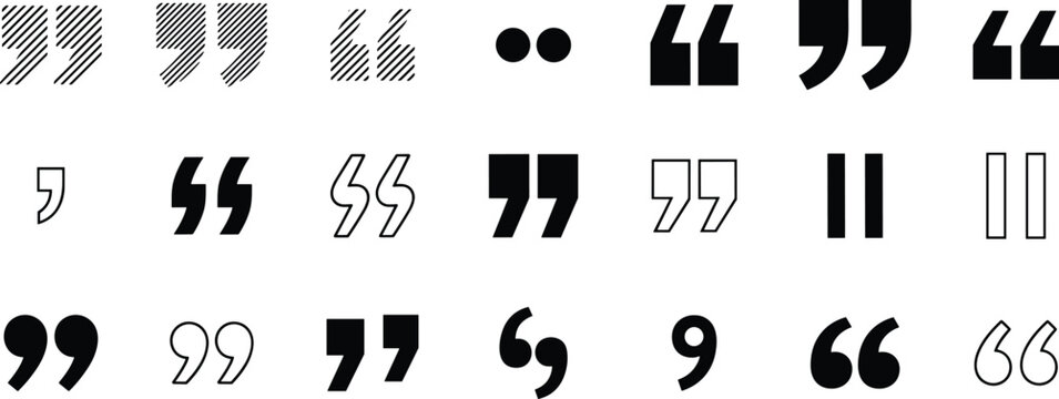 Quotation mark icon illustration collection featuring apostrophes, commas, bold styles, outlined symbols, shaded marks, and typographic design elements