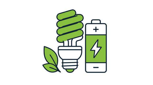 Eco friendly energy saving light bulb and battery icon.