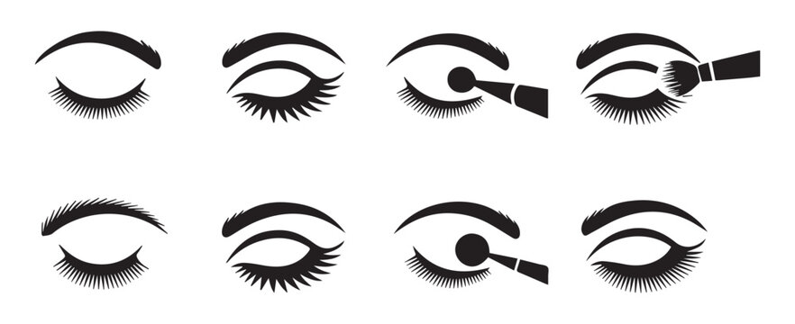Set of eye makeup icons depicting different stages of applying eye shadow and mascara with brushes.