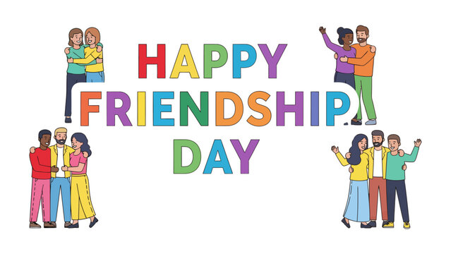 Happy Friendship Day Greeting: A vibrant and colorful illustration wishing a happy friendship day featuring diverse groups of friends embracing and celebrating together.