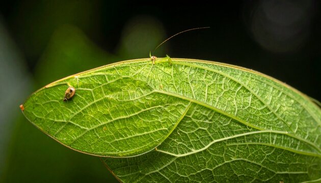 Close-up macro of green leaf insect with detailed vein patterns on leaf