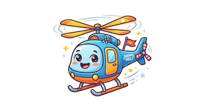 Cute cartoon helicopter with happy face and spinning rotors.