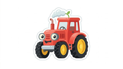 Obraz premium Cute cartoon red tractor with a smiling face and big eyes.