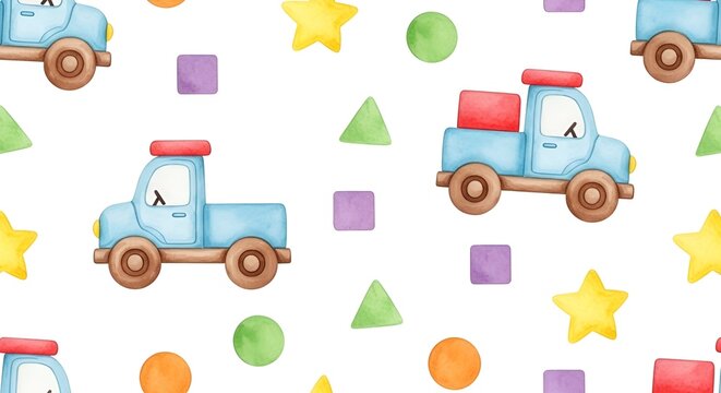 Cute watercolor blue truck seamless pattern with colorful geometric shapes for kids