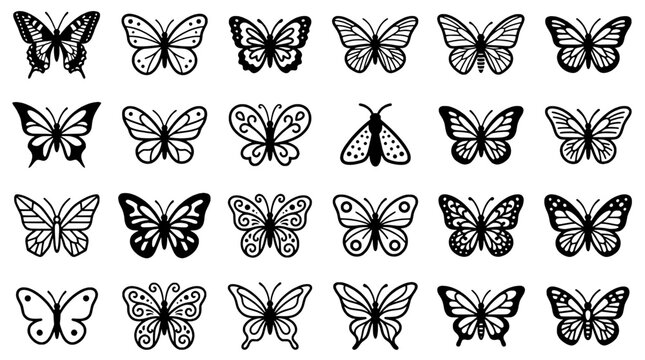 Butterfly doodle pattern set with black line art wings, whimsical ornamental details for scrapbooking and card design