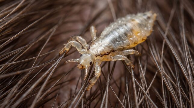 Extreme Macro Portrait of a Head Louse Pediculus Humanus Capitis Crawling and Clinging to Human Hair Strands with Detailed Semitransparent Exoskeleton View (Generative AI)