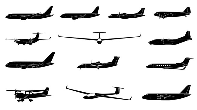 Airplane silhouette icon set with multiple aircraft views, side profiles, top angle, and minimalist black vector shapes for aviation