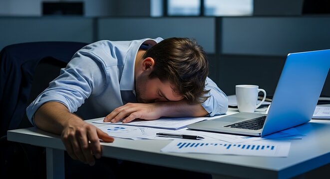 Exhausted Man at Desk.