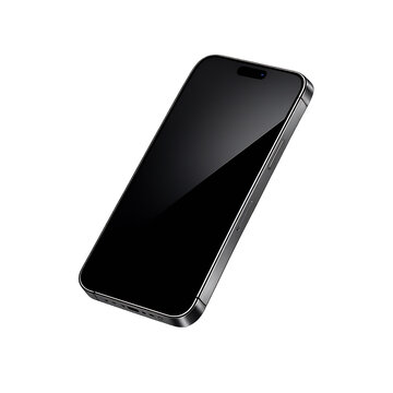 3D render of a titanium smartphone floating at a dynamic 45-degree angle, isolated on a transparent background