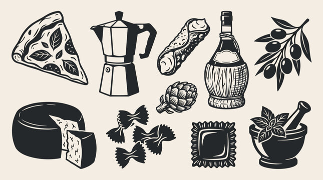 Set of 10 italian food icon in linocut style including pizza moka pot pasta wine and olive for menu design