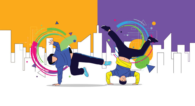 Breakdancers perform dynamic street dance moves with colorful circular graphics against city skyline on two-tone background.