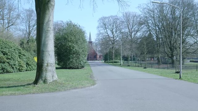 Backward tracking shot in a quiet park in spring