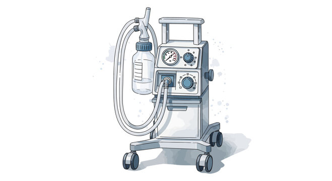 Illustration of medical ventilator machine with tubes and bottle on wheels, used for breathing support