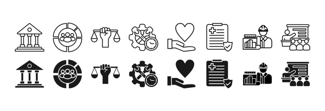 Social policy icon set vector illustration concept relate to government, society, legislation, services, health care, welfare, reform, education