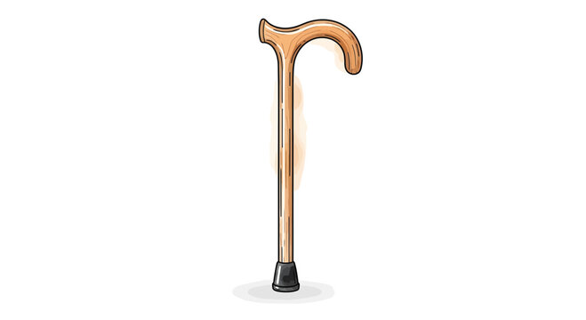 A simple wooden cane with a curved handle and a black rubber tip, depicted in a watercolor illustration style