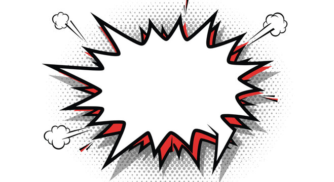 Dynamic comic book style explosion speech bubble with red borders and halftone dots for action-oriented text placement.
