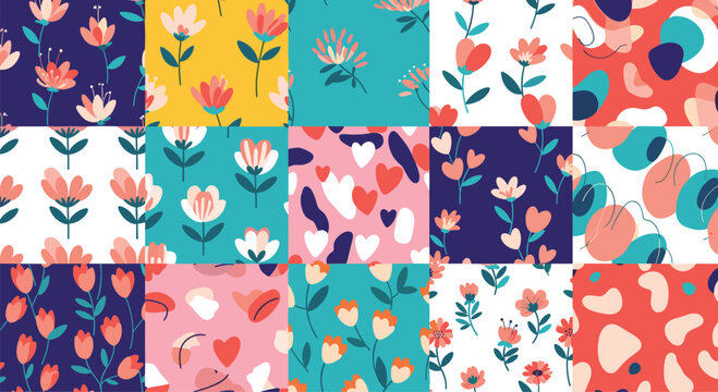 Colorful patchwork background featuring a variety of different floral, heart, and abstract patterns in squares for fabric or quilting.
