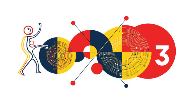 Abstract graphic design featuring a human figure interacting with complex circular data diagrams and a large number three in primary colors.